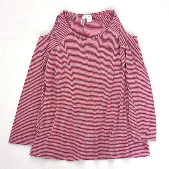 Route 66 Women's Rayon Blend Red & Grey Pinstripe Cold Shoulder Cut Out Top M - Picture 6 of 8